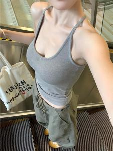 Gray Strap Vest Women Summer Anti Exposure Auxiliary Breast Pad Base Layer Indoor And Outdoor Wear U-Neck Cotton Blend High Elasticity