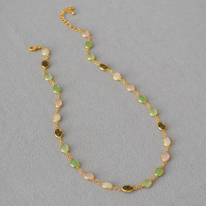 Japanese and Korean Sweet Beautiful Color Carved Crystal Glass Jade Texture Brass Gold-Plated Necklace Clavicle Chain Female