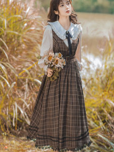 ชุดสองชิ้นสไตล์เจ้าหญิง College Preppy ลายสก็อต เดรส ตุ๊กตา ปกเสื้อ เดรสเชิ้ต กระโปรงแฟชั่นสตรีย้อนยุคอังกฤษ