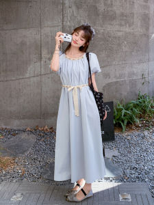 Pastel Blue Sweet Feminine Bubble Sleeve Long Dress Slimming Waistline Summer New Style Womens Dress Korean Style A-Line Midi Dress