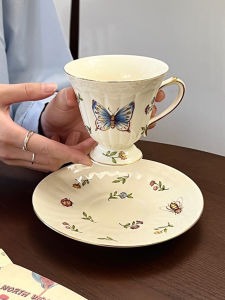 French Style Phnom Penh Retro Afternoon Tea Cup and Saucer Coffee Cup Insect Dragonfly Butterfly Small Floral Ceramic Cup Set