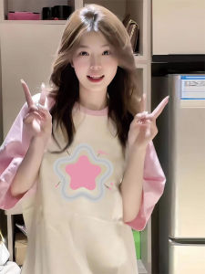 Pink Cotton T-Shirt Womens Loose Short Sleeve Summer Top Korean Style Printed Casual Fashion for Teen Girls And College Students