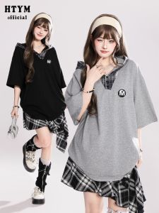 HTYM New York Diary American Retro Plaid Splicing Hat Short Sleeve T-shirt Women Summer Loose Top Creative Pattern Commute Style