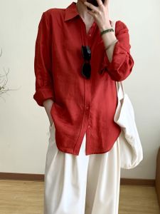 Christmas New Year Red Linen Long Sleeve Shirt Womens Commute Casual Style High Collar Lazy Fashion Sensation Office Wear