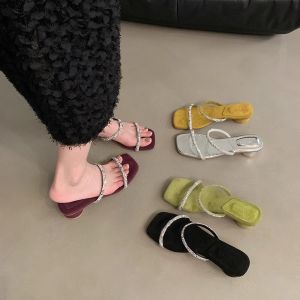 Rhinestone Strap Fancy Summer Sandals Outwear Chunky Heel Fashion Slippers Female Square Toe New Chinese Style National Style Sandals