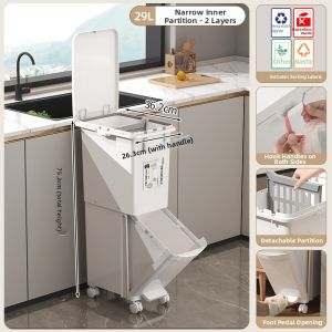 QIANQIN | Lidded Movable Kitchen Waste Bin with Foot Pedal Double Layer Design