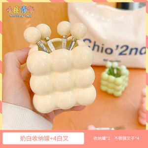 XiaoZhuang Youth Luxury Cloud Shaped Stainless Steel Fruit Fork Set Dessert Forks Storage Canister for Home Use And Children