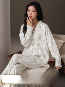 MiiOW | Bộ đồ ngủ cotton nguyên chất cho nữ mùa xuân thu thoải mái thoáng khí rộng rãi cao cấp quần dài tay dài cổ bẻ nhỏ