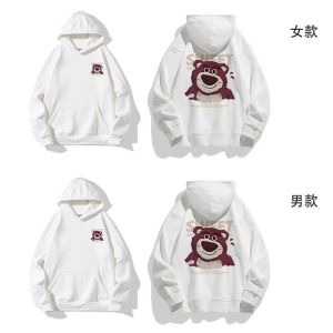 Strawberry Bear Couples Hoodie Autumn Winter Fleece Lined New Year Thickened Outerwear Loose Fit Printed Long Sleeve Cotton Blend