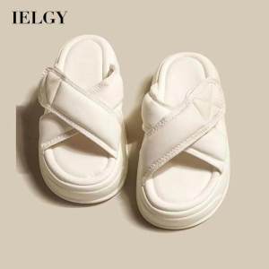 IELGY thick-soled Harajuku style leather comfortable simple solid color slippers women