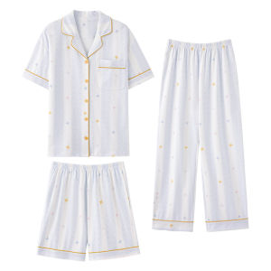 Miiow | Pure Cotton Summer Thin Short Sleeve Cat Person Sleepwear Set Womens Loose Home Clothes Three-piece Set Breathable Comfortable