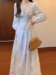 XUECAIQI | Plus Size French Style Embroidered Lace V-neck Slimming A-line Dress