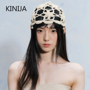 Korea Vintage Hollow Flower Knitted Beanies Cap for Women Spring Summer Travel Retro Pearl Fringed Pullover Hat Y2k Knit Hat