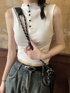 เสื้อกั๊กสายเดี่ยวคอสูงครึ่งตัวสำหรับผู้หญิง เสื้อสปอร์ตเซ็กซี่ แขนกุด ทรงเข้ารูป สไตล์อเมริกัน หวานและเผ็ดร้อน เสื้อตัวบน