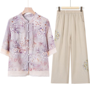 Mothers Day Traditional Chinese Style Womens Summer Outfit Short Sleeve Two-Piece Set Floral Embroidery Loose Fit Cardigan
