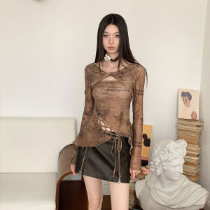 Spring Autumn 2024 Retro Unique Slim Fit Spicy Girl Top V Neck Lightweight T-Shirt Commute Style Long Sleeve Polyester Fiber