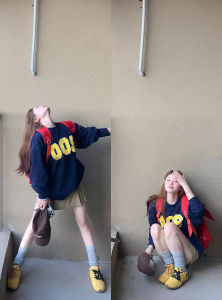 American Style Popular Dark Blue Womens Spring Autumn Capless Hoodie round Neck Jacket Streetwear Loose Fit Long Sleeve