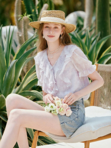 XIANGYING | French Floral Print Chiffon Shirt Short Sleeve Summer New V-Neck Purple
