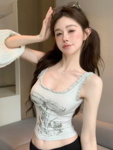 GUZILIAN | Retro Spicy Girl Stylish Print Slim Fit Vest Women Summer Outerwear Thai Style Mini Strapless Sleeveless Knitted Short Top