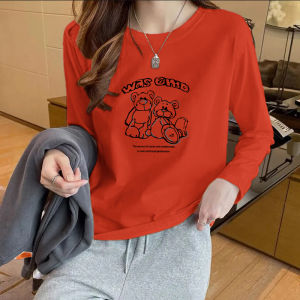 100% Pure Cotton Long Sleeve Printed T-Shirt Womens Fashionable Spring Autumn Casual Versatile Top Quality Cotton round Neck