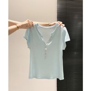 V.C.I | Summer Korean Chic V-Neck Button Design Ice Silk Knitted Short Sleeve T-Shirt