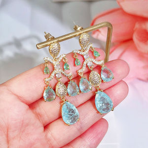 Sequito thiết kế Phụ nữ Đèn chùm thả dài bông tai lủng lẳng màu vàng Pave thiết lập màu xanh trắng đá pha lê bữa tiệc đêm trang sức Tai se884