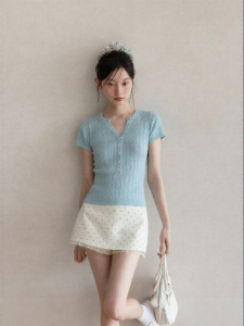 Cantonstory | Slim Fit Blue Henley Collar Short Sleeve Knit Top