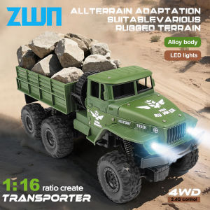 ZWN 1:16 2.4G Aluminum Alloy Six Wheel Military RC Truck with Lights Outdoor Remote Control Cars Toys Gift for Children.