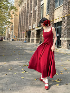 Original French Red Strapless Dress Womens Spring Summer Slimming Long Gown Wind And Incense Flowing Fire High Waist A-Line Skirt