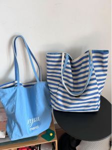 Summer Canvas Tote Bag Womens Double-Sided Armpit Support Shopping Bag Korean Handbag Fashionable Striped Durable Shoulder Bag