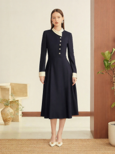 Merino Wool Color-blocked Satin-paneled Cross-neck Waist-defining Dress