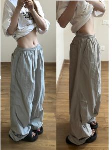 Zauo ผู้หญิงเกาหลีฤดูร้อนสีเทากางเกงร่มชูชีพป้องกันแสงแดดบางส่วนแห้งเร็วหลวมขาตรง Workwear กางเกงแนวโน้ม