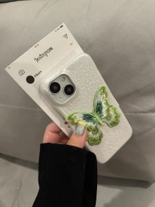 Korean Japanese High-End Pure Color Faux Leather 3D Embroidery Butterfly Phone Case for  14 15 pro Max Girl Style 13 PM Leather Anti-Fall Cover