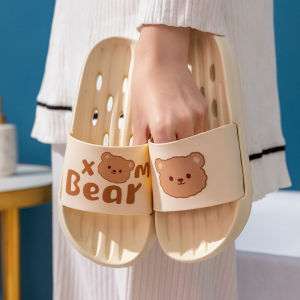 Cute Bear Bathroom Slippers Womens Summer Home Slippers Quick-Drying Massage Footbed Leaking Cut Out Non Slip Bathroom Slippers
