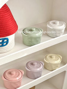 Ins Style Ceramic Double Ear Soup Bowl with Lid Steamed Egg Soup Bowl Children Supplementary Food Small Bowl Roasting Bowl