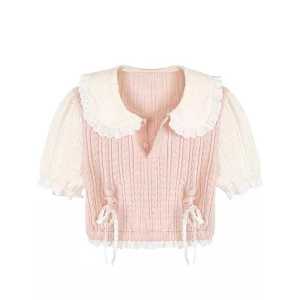 Cute School Style Summer Fashion Set Womens Doll Collar Lace Splicing Top Cake Skirt Two Piece Set Short Sleeve Flip Collar