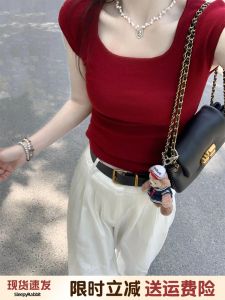 Retro Red Square Collar Short Sleeve T-Shirt Women Summer Thin Knitted Ice Silk Shoulder Length Design Sensation Short Ice Silk Knitted Top