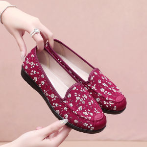 SHIPAILUO | Beijing Ladies Flat Heel Soft Bottom Comfortable Shoes Spring Season Casual Round Toe Plant Floral Patterned Slip-On Shoes
