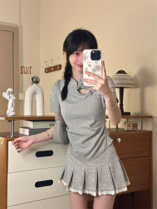 Hollow out Shoulder T-Shirt Womens New Chinese Style National Fashion Button Short Sleeve Sweet Waist Short Top