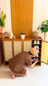 Shoe Cabinet Multi-Layers Wooden Rattan Door Large Capacity Shoes Rack Organizer Bamboo Shoe Cabinet