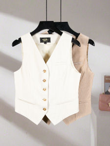 New 2025 Womens Fashionable British Stripe Short Vest Light Beige Slim Fit No Ironing Versatile Commute Style Button Detail