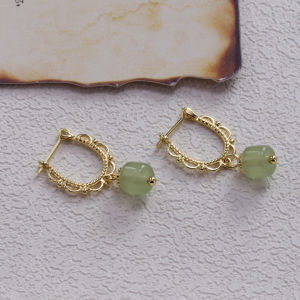 925 Plated Stamp Gold Color Hotan Jade Earrings for Women Girl Lace Fairy Gentle Palace Style Jewelry Birthday Party Gift