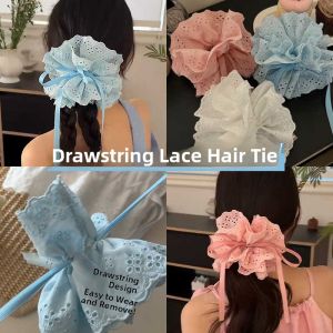 French Gentle Drawstring Hair Ties Super Large Head Flowers Bun Tail Cord Lace Trimmed Big Bow Head Ropes Elastic Bands