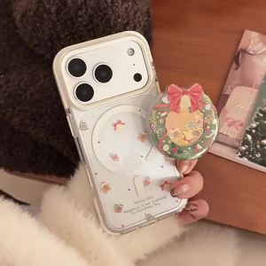 Cute Cartoon Christmas Wreath Quicksand Magnetic Bracket Phone Case For iPhone 17 16 15 14 13 12 Pro Max Clear Shockproof Cover