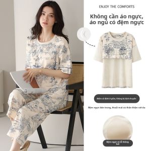 Bộ đồ ngủ MiiOW cho nữ làm  vải cotton nguyên chất có đệm ngực tay ngắn quần dài