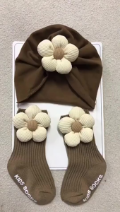 【1-3 Days Delivery】3Pcs/Set Newborn Hat Socks Infant Turban Elastic Baby Indian Cap Girl Headwrap 0-12 Months Cotton