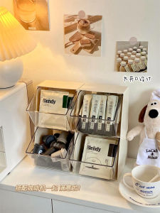 กล่องเก็บของอะคริลิกใสสำหรับจัดระเบียบของเล่นในโต๊ะทำงาน ชั้นวางของสำหรับเครื่องดื่มชา กล่องเก็บของแบบเปิดสองชั้น