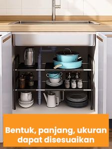 Mainland Rak Panci Bawah Wastafel Rak Kolong Kitchen Set Rak Penyimpanan Dapur Serbaguna Rak Bawah Sinki Stainless Steel yang Dapat Diperluas HRM160