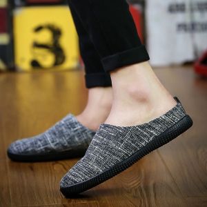Korean Fashion Half Shoes For Men Comfortable Driving Shoes For Men Breathable Linen Slippers Slip On Lazy Shoes