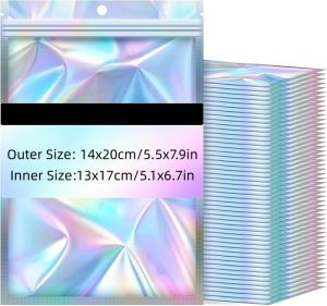 50pcs Thicken Laser Color Resealable Smell Proof Holographic Bags Plastic Pouch for Jewelry Display Candy Packaging Gift Storage
